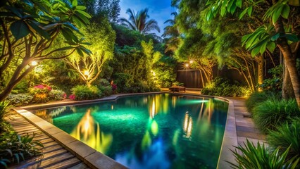 Fototapeta premium Serene Garden Pool: Long Exposure Night Photography