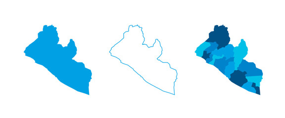 Liberia set of three maps - solid map, outline map and map highlighting administrative divisions. Three distinct maps illustrate various representations of a geographical area.