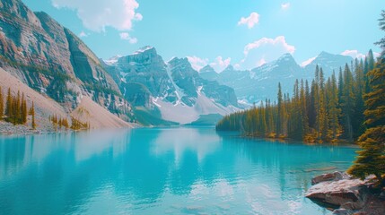 Fototapeta premium Turquoise lake surrounded by mountains and trees under sunny sky.