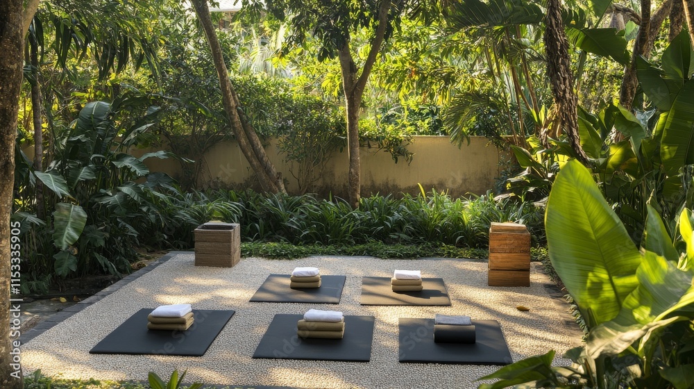 Poster a serene yoga setup with mats and blocks neatly arranged in a peaceful garden, a quiet, sun-dappled 