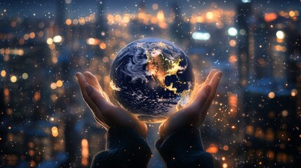 A pair of hands gently holds a glowing Earth, symbolizing care and protection of the planet, against a cityscape lit by night lights. The scene conveys global unity, sustainability, and hope for the