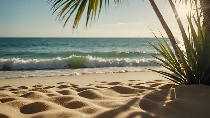 Beach Holiday - Sand And Defocused Palm Leaves In Sunny Abstract Seascape With Glittering In Ocean