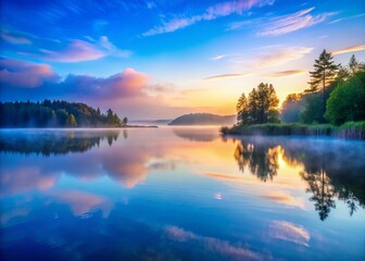 Fototapeta premium Serene Misty Lake at Dawn: Calm Water, Blue and Grey Tones - Stock Photo