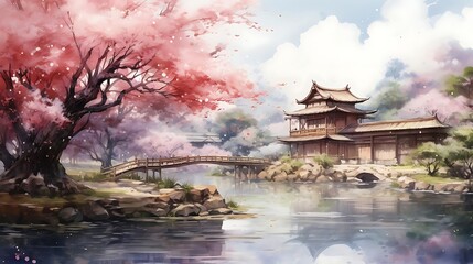 Obraz premium Serene Asian temple by a river, surrounded by blossoming cherry trees and a wooden bridge.