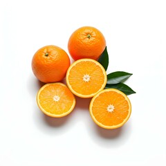 Fresh Orange Fruit with Green Leaves Isolated on White Background