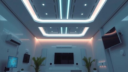 Futuristic smart home setup with interconnected devices and advanced lighting in a sleek white interior, automation, modern