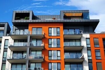 Obraz premium Orange and white apartment building with balconies under blue sky showing modern residential architecture
