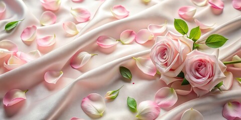 Obraz premium Soft pink rose petals scattered on a luxurious soft silk fabric background, with delicate green leaves and subtle texture, gentle hues, soothing colors