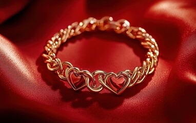 Obraz premium A luxurious bracelet with intertwined heart charms, on a vibrant red background