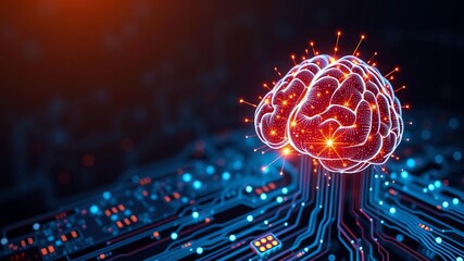 Glowing human brain emerging from processor symbolizing fusion of human intelligence and machine learning capabilities, evolution of technology, evolution, brain