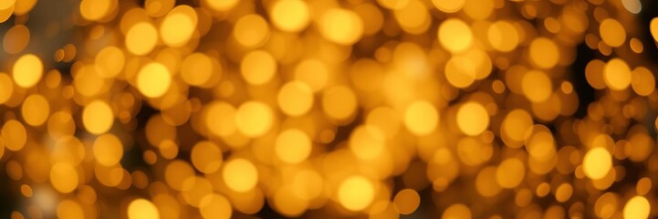 Obraz premium Gold bokeh light background with glowing confetti and sparkle overlay for design, abstract luxury decoration texture, background, gold dust