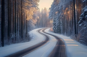 Obraz premium Snow-covered forest road winding through tall trees on a winter morning in a serene landscape