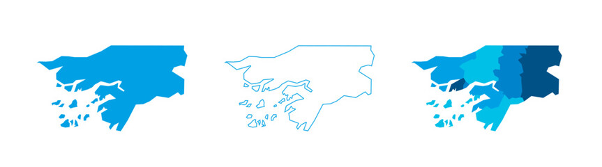 Guinea-Bissau set of three maps - solid map, outline map and map highlighting administrative divisions. Three distinct maps illustrate various representations of a geographical area.