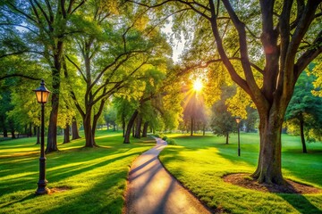 Fototapeta premium Serene Park Scene: Lush Greenery, Winding Path, Sunlight Dappled