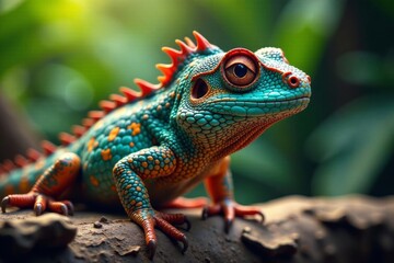 Fototapeta premium Reptilian predator donning trendy shades in vibrant tropical setting, colorful, neon background