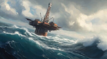Oil drilling platform standing tall in the vast ocean, symbolizing human innovation and the quest for energy amidst nature's vastness.