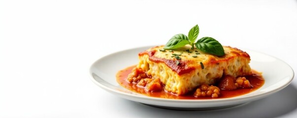 Fototapeta premium Steaming plate of moussaka on white background, Greek food, close-up