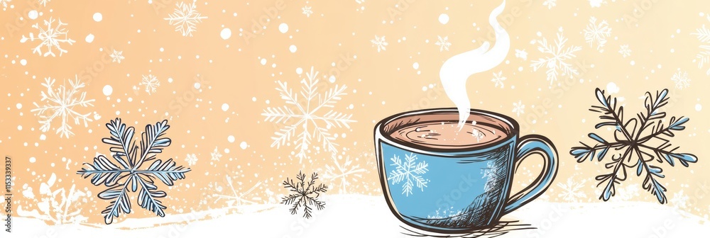 Poster warm mug of hot chocolate surrounded by whimsical winter snowflakes on a gentle background. generati
