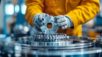 Worker Carefully Handling Precision Metal Gear Components