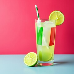 Vertical Italian flag with green lemon slices and ice in a cocktail glass on a bright background , cocktails, ice