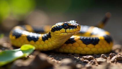 Obraz premium Vibrant garter snake slithers forward, tongue darting in and out, scales glistening in sun, warning, San Francisco
