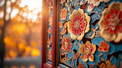Intricate floral designs celebrate Eastern New Year amidst a warm sunset glow in a vibrant outdoor setting