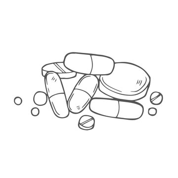 recommend clip art: Pills sketch. Medical capsules. Medicines vitamins. Hand drawn line art illustration.