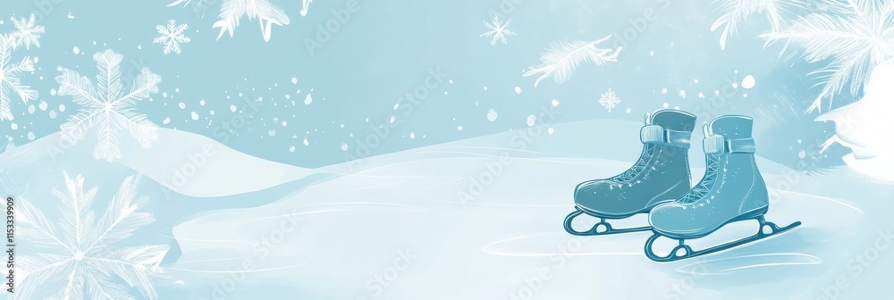 Poster winter themed doodle featuring ice skates on a snowy background with delicate snowflakes and a seren