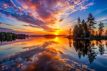 Fototapeta premium Serene Sunset over Northern Minnesota Lake: Breathtaking Landscape Photography