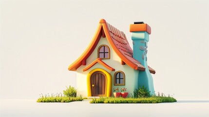 A realistic 3D model of a small cartoon-style house with rounded edges, vibrant colors, and a quirky chimney, showcased on a plain white backdrop