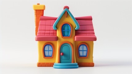 A realistic 3D model of a small cartoon-style house with rounded edges, vibrant colors, and a quirky chimney, showcased on a plain white backdrop