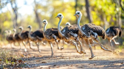 Ostrich Race. Running adult and baby ostriches on dusty road nature wi