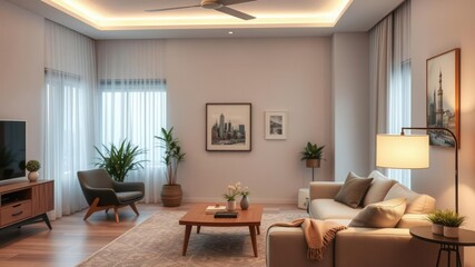 Fototapeta premium Modern and Cozy Living Room Interior with Natural Light, Contemporary Furniture, Green Plants, and Elegant Decor Perfect for Stock Photo Use