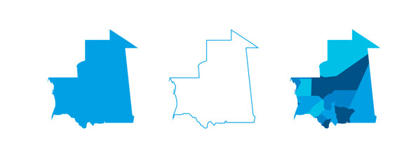 Mauritania set of three maps - solid map, outline map and map highlighting administrative divisions. Three distinct maps illustrate various representations of a geographical area.