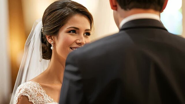 Forever and Always: A bride's radiant smile as she gazes at her groom during their wedding ceremony, a heartfelt moment of love and commitment captured in a timeless photograph.