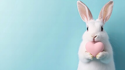 Obraz premium Cute bunny holding heart on blue background