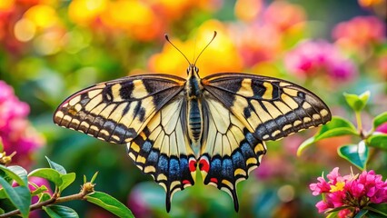 Large male Papilio machaon butterfly perched on a branch with bright green leaves and colorful flowers in the background