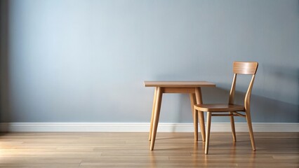 Detailed wooden table top corner with a single chair placed in the foreground and a minimalist background , minimalism, clean lines