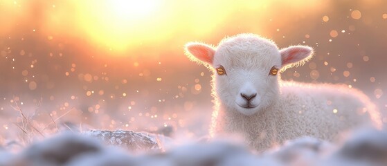 Fototapeta premium Adorable Lamb in Snowy Landscape Golden Hour Sunset Cinematic Lighting