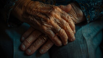 Fototapeta premium Tender clasp of two elderly hands adorned with wedding rings, symbolizing affection and support