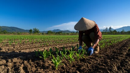 Farmer tending to crops in a sunny field with mountains.