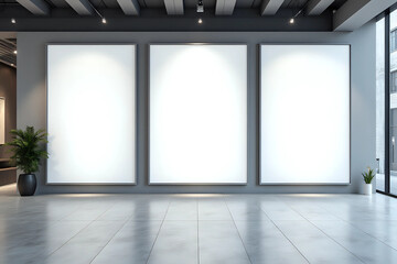 Triple Vertical digital Poster Mockup background in Sleek Modern Interior. Blank white showcase screen on a wall inside an urban building. Empty advertisement display media panels for promotion.