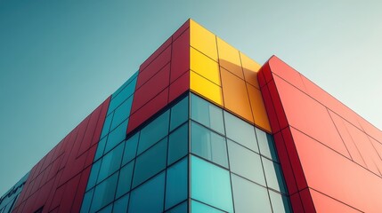 Low angle view of a modern building with colorful geometric facade.