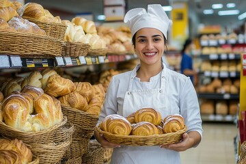 Baker woman holding basket of freshly baked croissants in supermarket bakery section