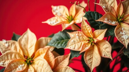 Beautiful orange and cream colored poinsettia flowers against a vibrant red background creating a stunning festive decoration for holiday celebrations and winter gatherings