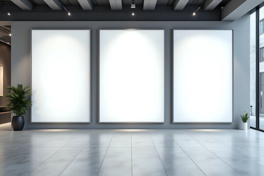Triple Vertical digital Poster Mockup background in Sleek Modern Interior. Blank white showcase screen on a wall inside an urban building. Empty advertisement display media panels for promotion.