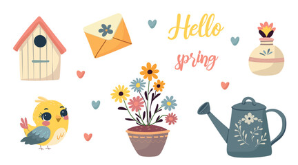 Hello Spring Text. Hand Drawn Floral Spring Prints. Positive Phrases for Stickers, Cards or Posters