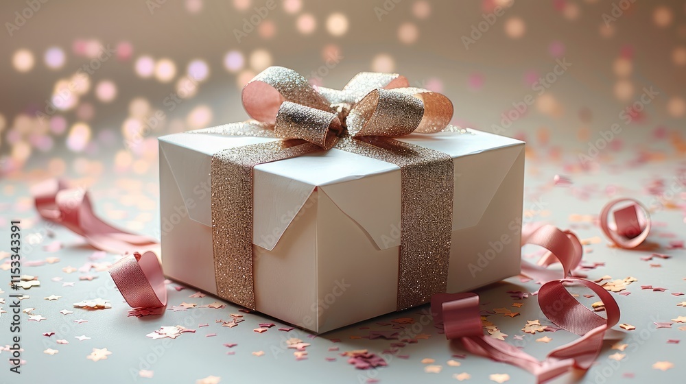 Poster a special gift box with a metallic ribbon, surrounded by subtle gold accents. set against a smooth g