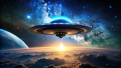 Obraz premium Silhouetted Flying Saucer Landing - Alien Arrival