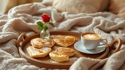 Valentine's Day Breakfast in Bed with Heart-Shaped Pancakes and Coffee
